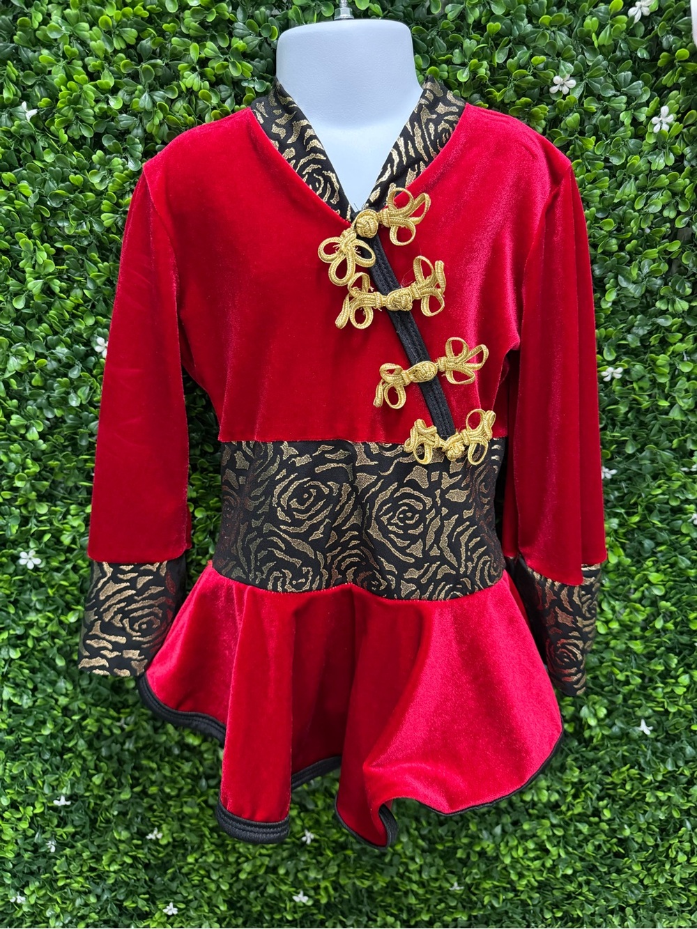 Red Velvet Dance Costume with Gold Trim and Black Rose Accents